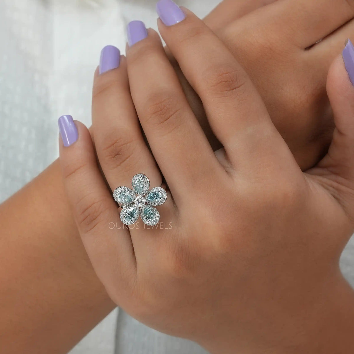 Light Blue Pear Diamond Halo Ring