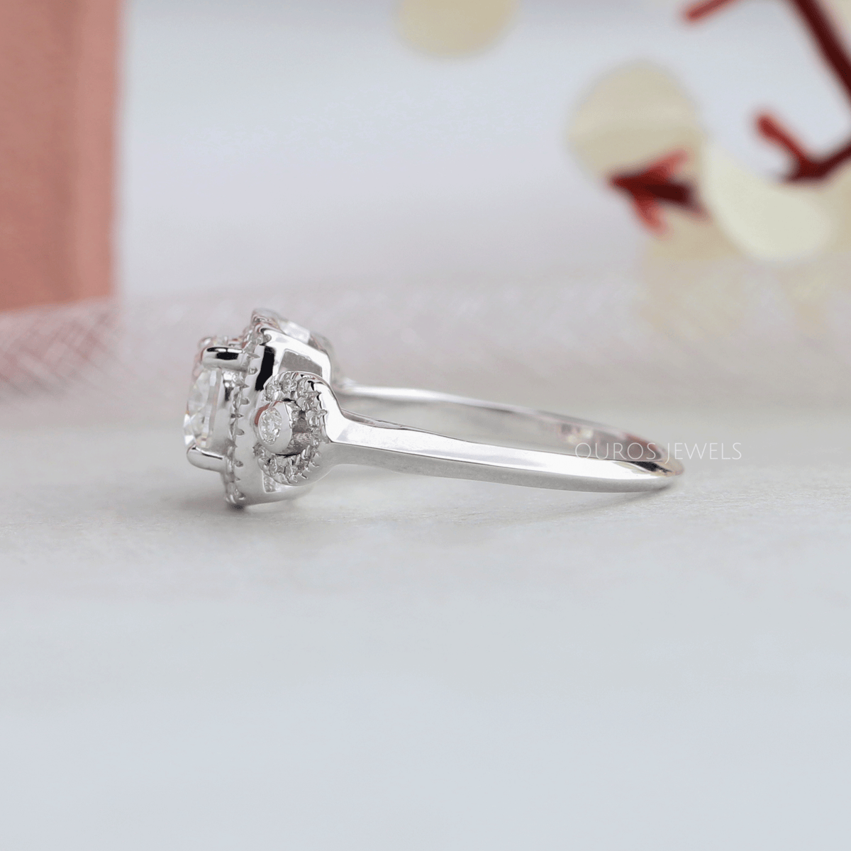 Three Stone Halo Diamond Engagement Ring