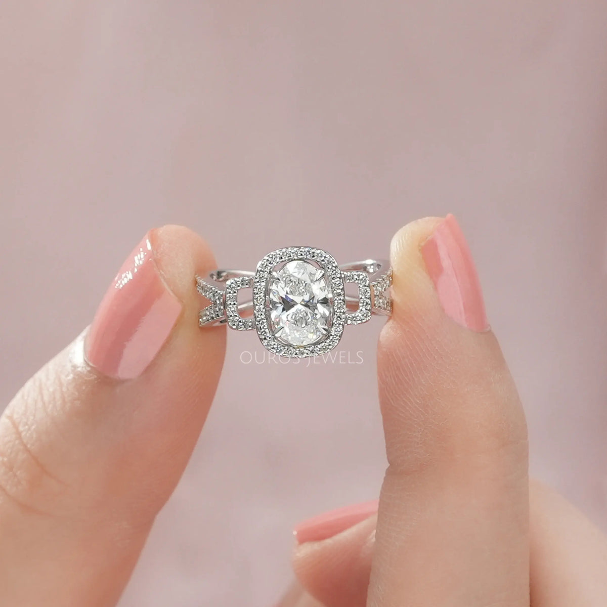 Oval Cut Halo Split Shank Engagement Ring