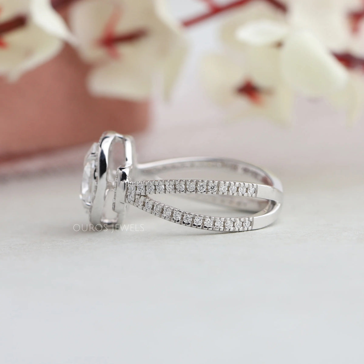 Oval Cut Halo Split Shank Engagement Ring