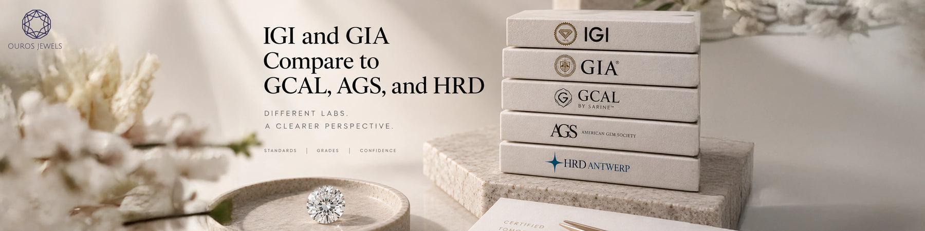 How IGI and GIA compare to GCAL, AGS, and HRD diamond grading labs featuring a round cut diamond and stacked certification books for comparison guide