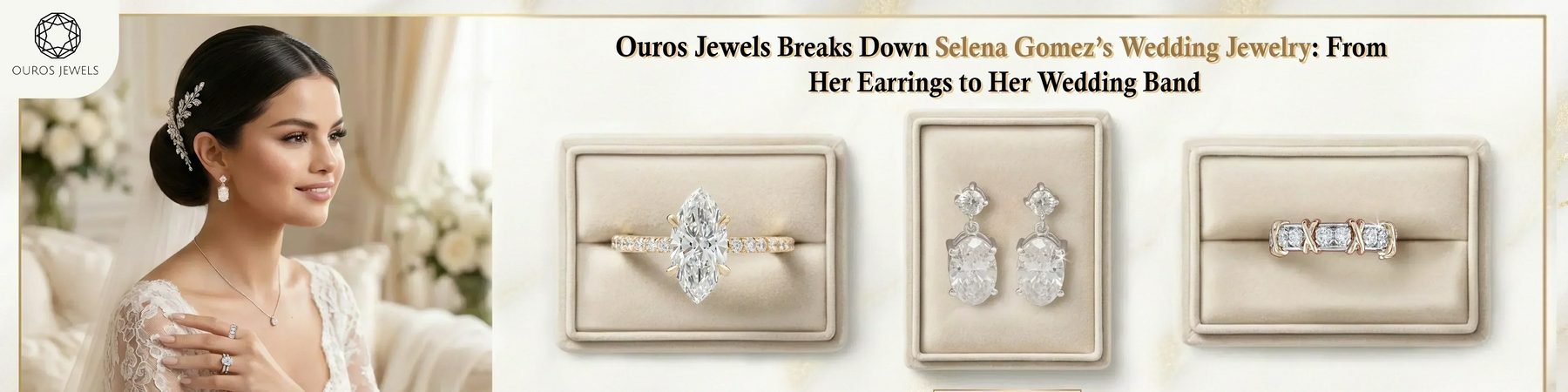 Selena Gomez wedding jewelry featuring a marquise diamond engagement ring, a 16-stone diamond mid-finger ring and pear diamond bridal earrings.