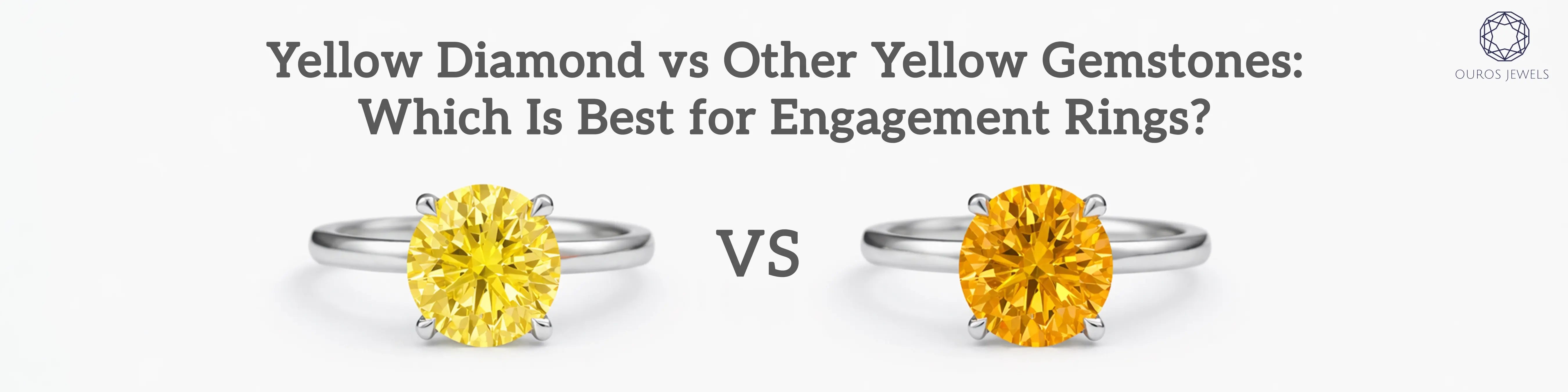 Yellow diamond vs citrine engagement rings in solitaire style from Ouros Jewels showcasing vibrant center stones