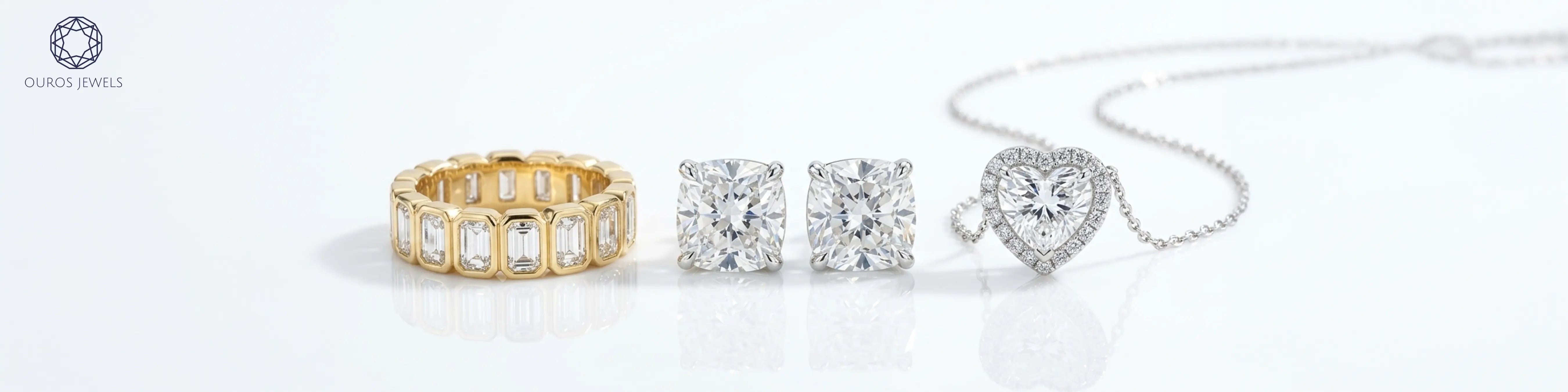 Lab grown diamond eternity band, cushion cut diamond stud earrings, and heart shaped diamond halo pendant necklace – 5th anniversary jewellery gifts for wife