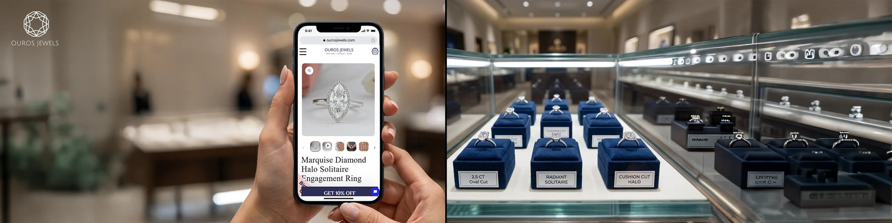 Online vs In-Store Engagement Rings — Marquise Diamond Halo Solitaire Ring on Ouros Jewels website compared to luxury diamond ring display