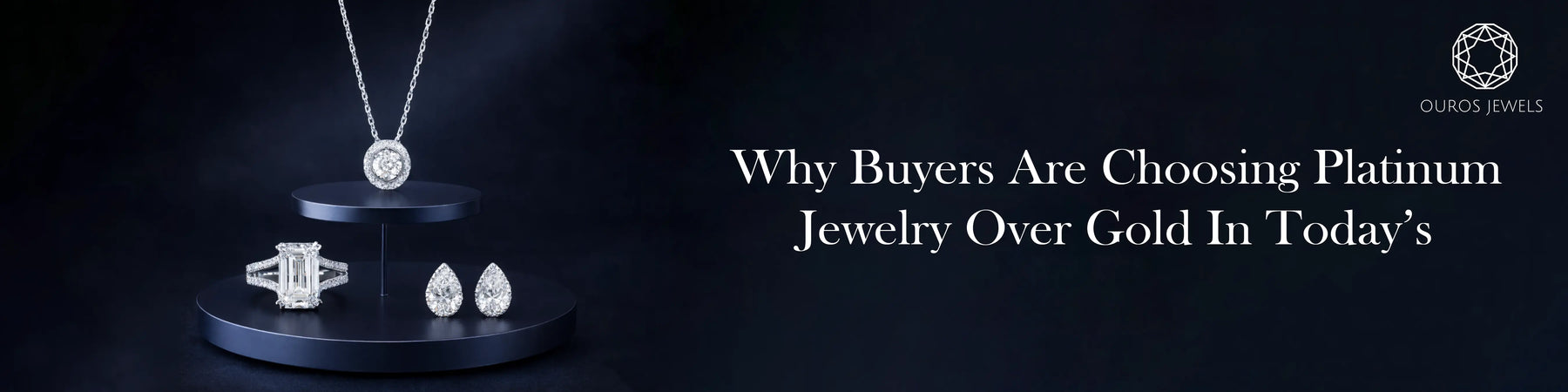 Platinum lab grown diamond jewelry set featuring emerald cut diamond ring, pear diamond stud earrings, and halo pendant necklace, highlighting why buyers are choosing platinum over gold