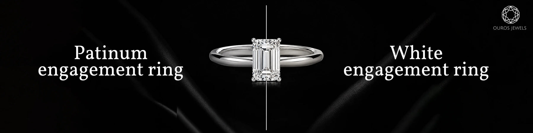 Platinum engagement ring vs white gold engagement ring side by side banner with emerald cut diamond solitaire