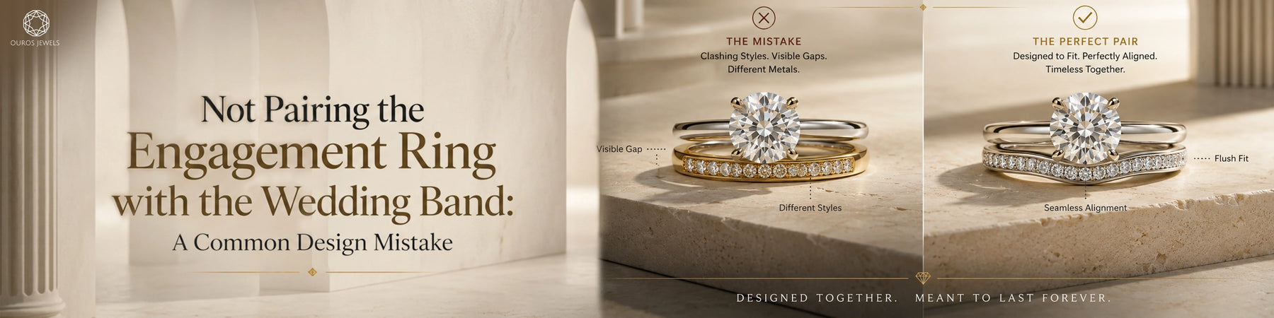 Two engagement ring and wedding band combinations shown side by side, highlighting visible gaps versus a flush, aligned fit.