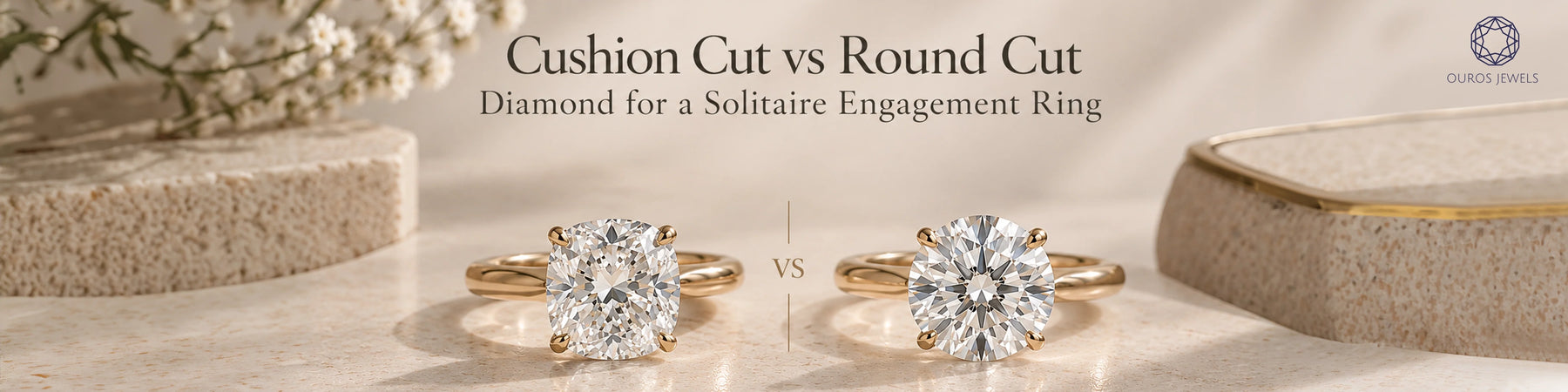 Two gold solitaire engagement rings featuring cushion cut and round cut diamonds, shown side by side with a comparison title and Ouros Jewels logo.