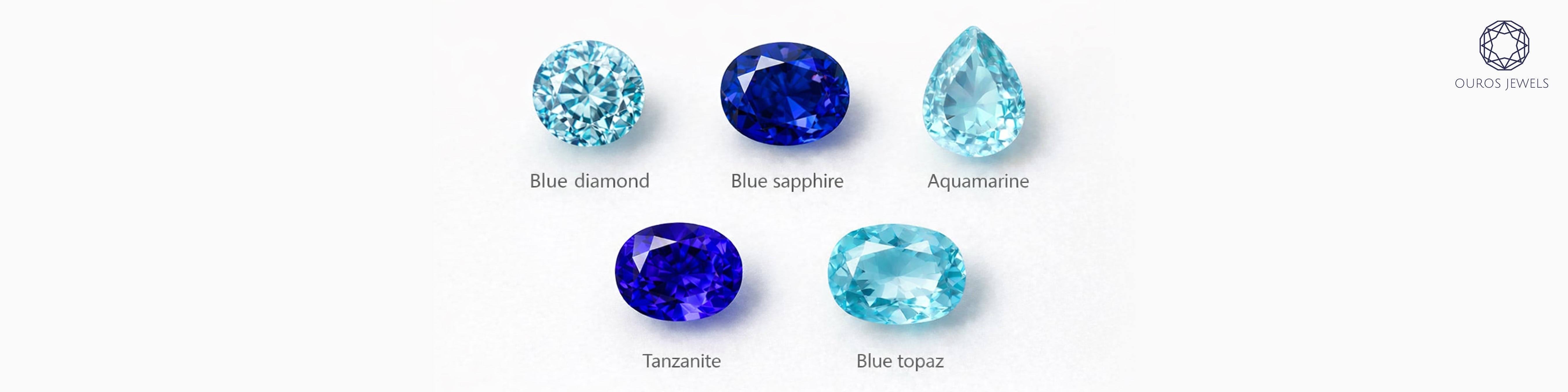 Five blue gemstones displayed showing blue diamond, oval sapphire, pear aquamarine, tanzanite and blue topaz variations