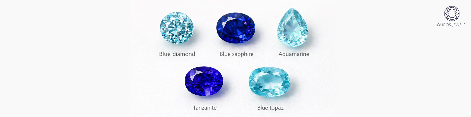 Five blue gemstones displayed showing blue diamond, oval sapphire, pear aquamarine, tanzanite and blue topaz variations
