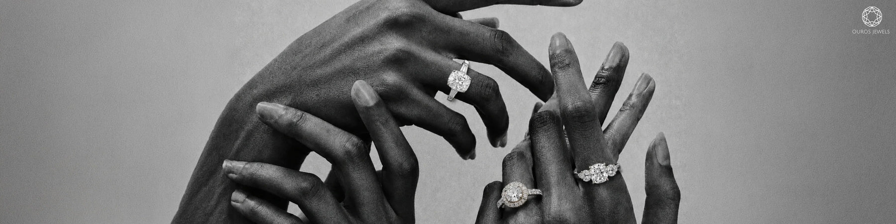 Lab grown Old Mine Cushion engagement ring styles by Ouros Jewels — cushion solitaire, round halo, and three-stone diamond rings