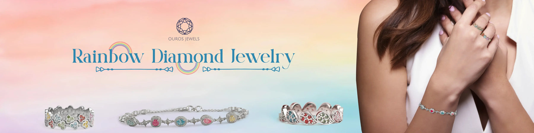 Image showing a women wearing multi-colored lab-grown diamond bracelet and rings, featuring Ouros Jewels rainbow diamond jewelry collection