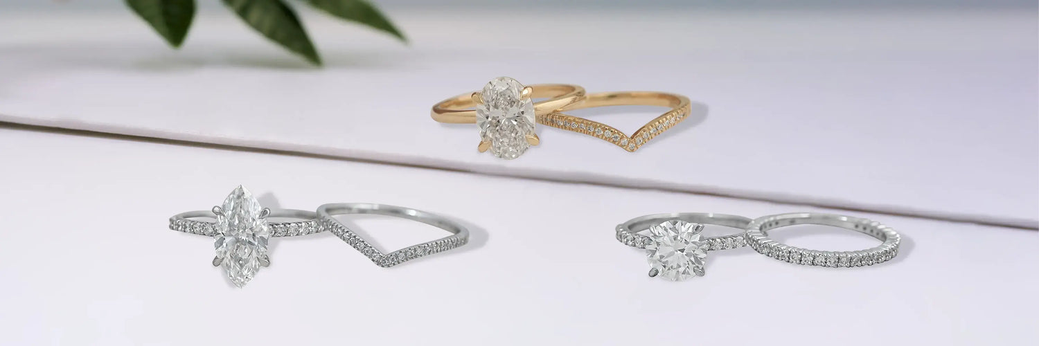 Image showcasing three-ring bridal set featuring a lab-grown diamond engagement ring with a matching wedding band, gorgeous designed for a perfect fit