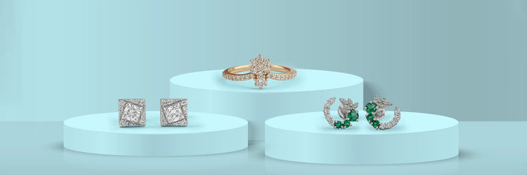 Image showing various lab-grown diamond fine jewelry,including curved wedding ring,stud earrings. A perfect jewelry gift for her!