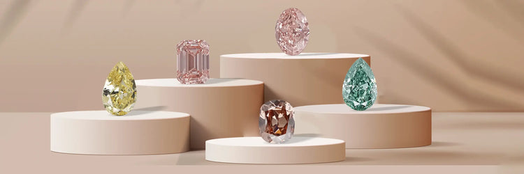 A high-quality image showcasing IGI and GIA-certified lab-grown diamonds in various cuts and colors