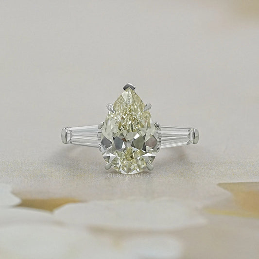 3 Stone Old Mine Pear Diamond Engagement Ring