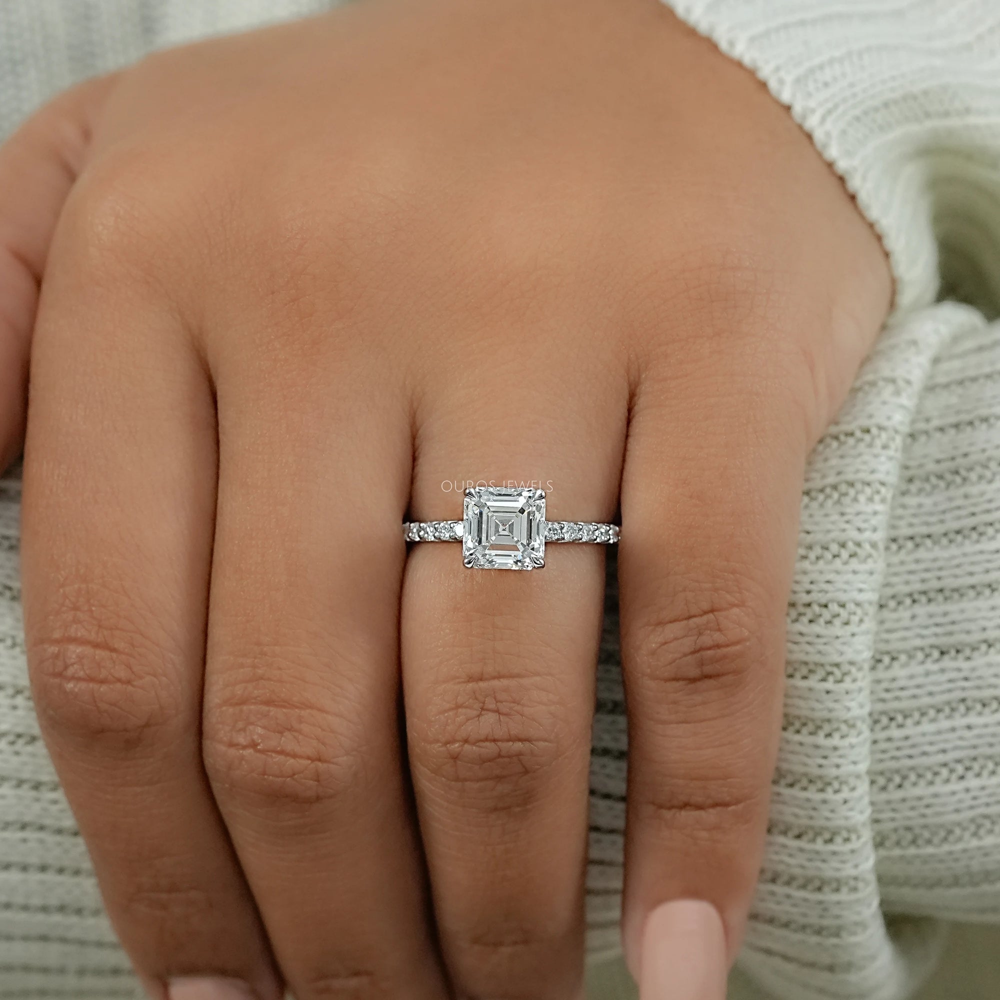 Asscher Lab Diamond Hidden Halo Accent Ring
