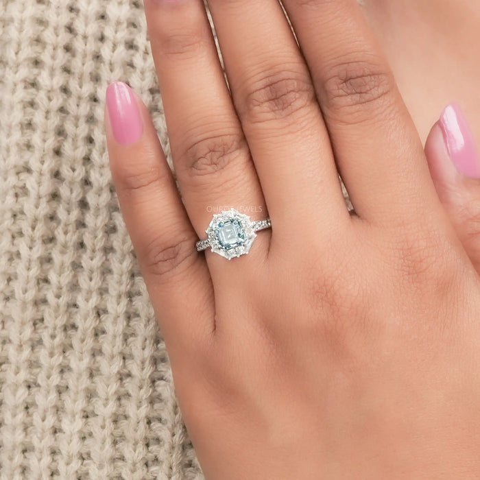 Fancy Blue Asscher Cut Halo With Accent Lab Diamond Ring Rings