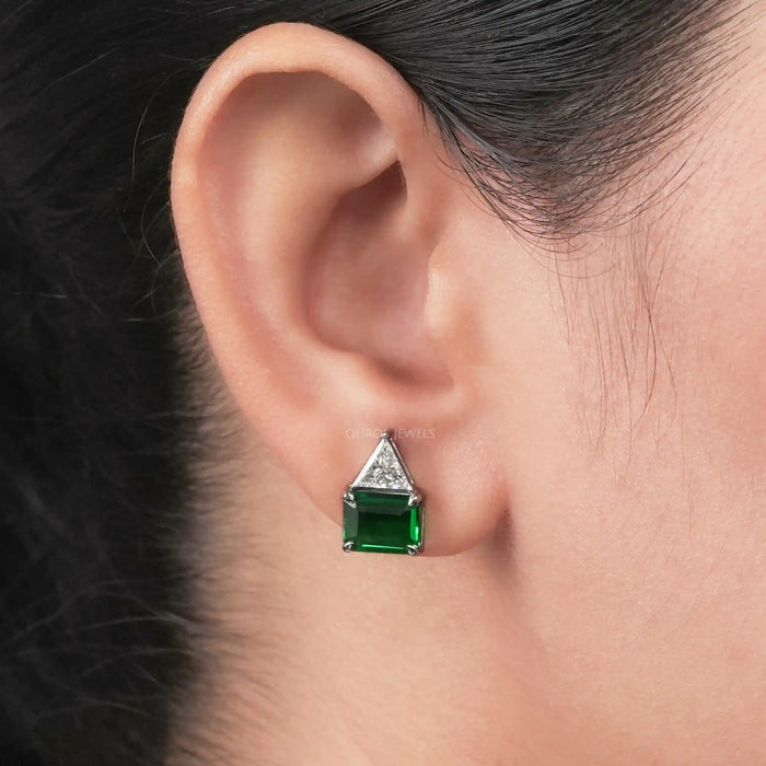 Emerald Green Gemstone and Triangle Diamond Stud Earrings Earring