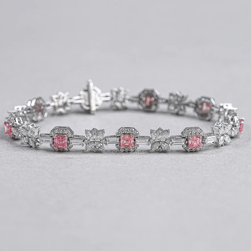 Flower And Pink Asscher Diamond Tennis Bracelet Bracelet