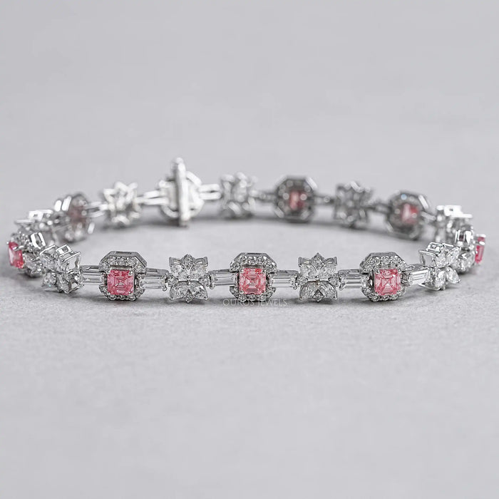 Flower And Pink Asscher Diamond Tennis Bracelet Bracelet