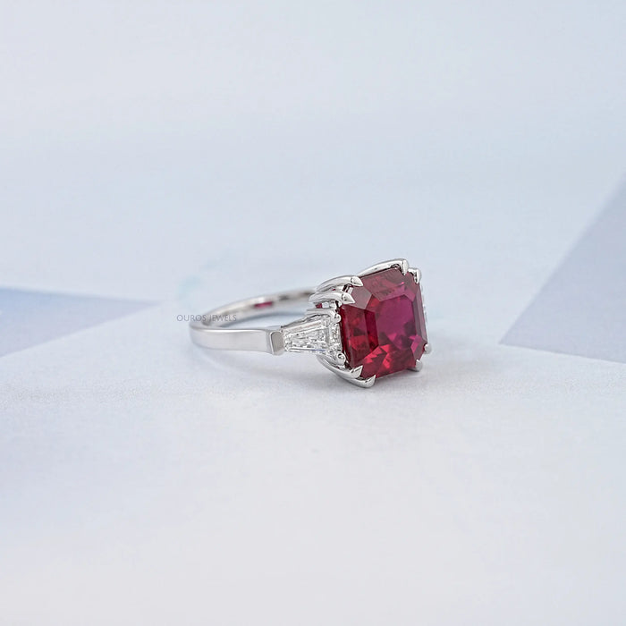Three Stone Ruby Asscher Gemstone Engagement Ring