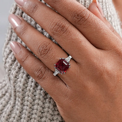 Asscher Cut Ruby Gemstone Tri Stone Ring