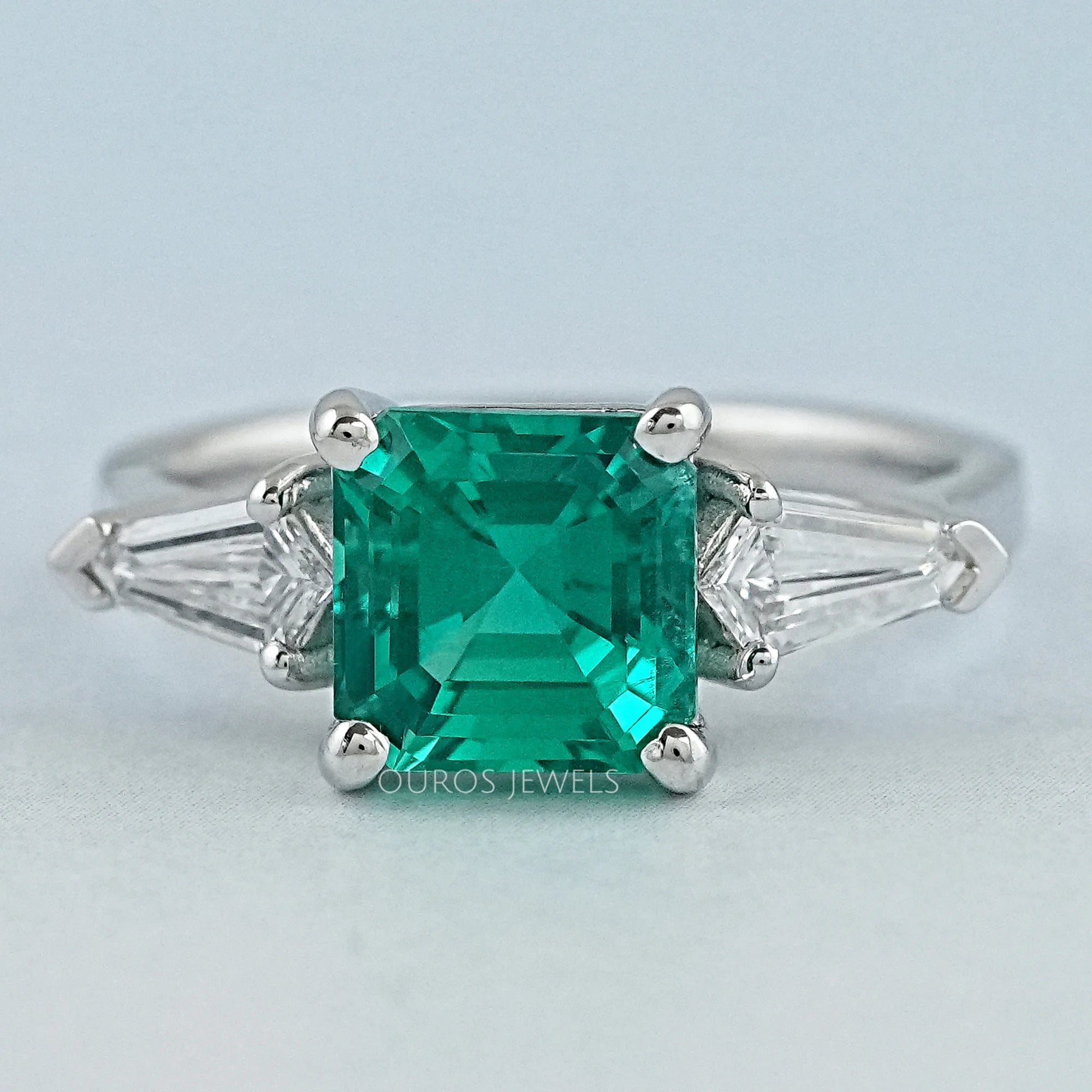Asscher Cut Green Gemstone Three Stone Engagement Ring Ring