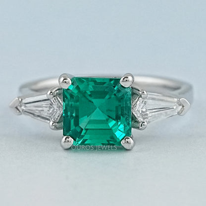 Asscher Cut Green Gemstone Three Stone Engagement Ring Ring