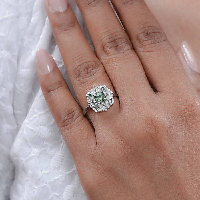 Asscher Cut Green Lab Diamond Cluster Engagement Ring Ring