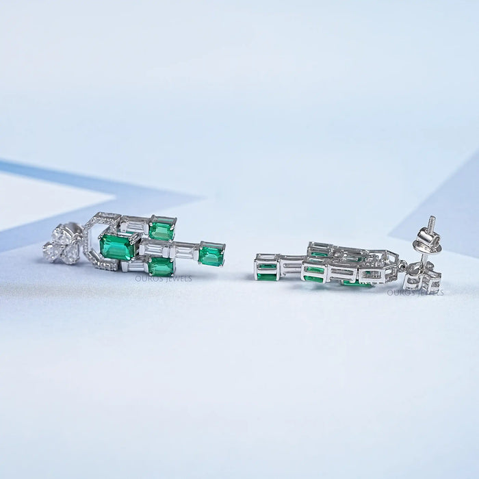 Green Emerald And Diamond Linear Drop Earrings Earring