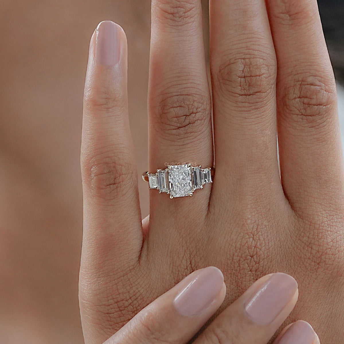 Radiant And Baguette Diamond Five Stone Engagement Ring Rings