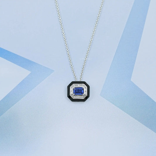Enamel And Sapphire Gemstone Halo Pendant Necklaces
