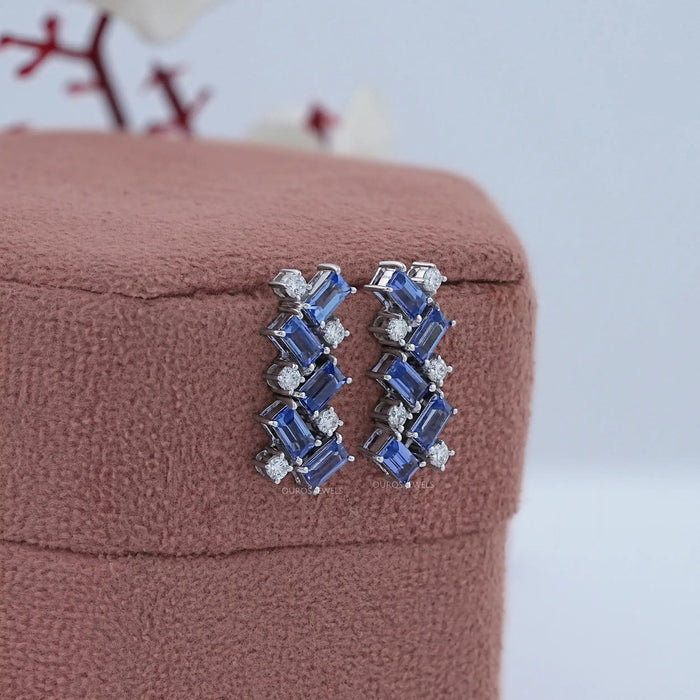 Sapphire Baguette And Round Diamond Drop Earrings