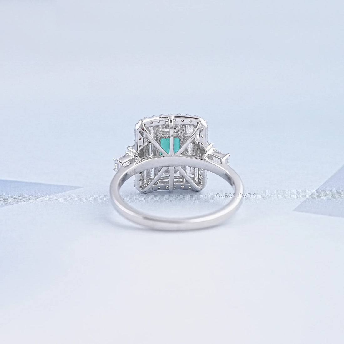 Baguette And Round Halo Diamond Gemstone Ring Ring