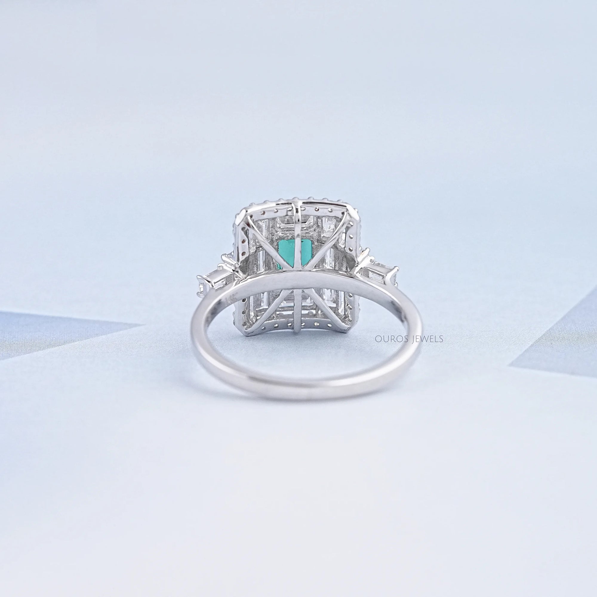 Baguette And Round Halo Diamond Gemstone Ring Ring