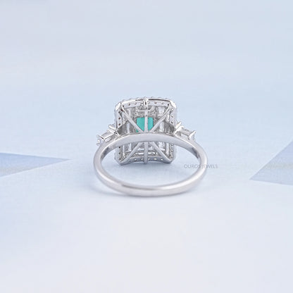 Baguette And Round Halo Diamond Gemstone Ring Ring