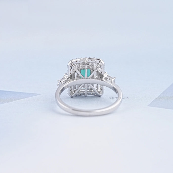 Baguette And Round Halo Diamond Gemstone Ring Ring