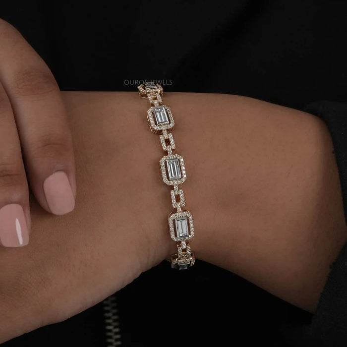 Baguette Cut Lab Grown Diamond Halo Tennis Bracelet Bracelet