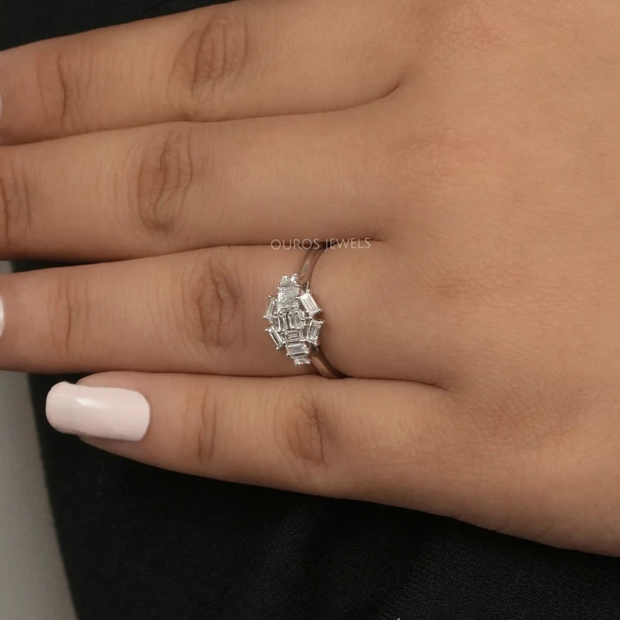 Baguette Cut Lab Cluster Diamond Dainty Ring