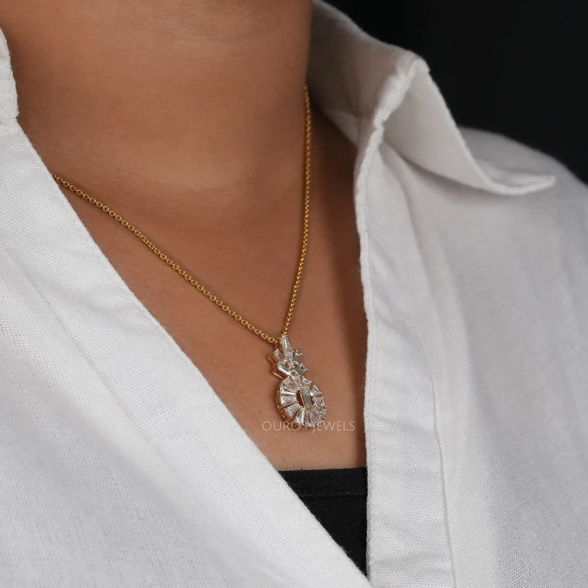 Yellow Gold Tapered Baguette Cut Lab Diamond Pendant
