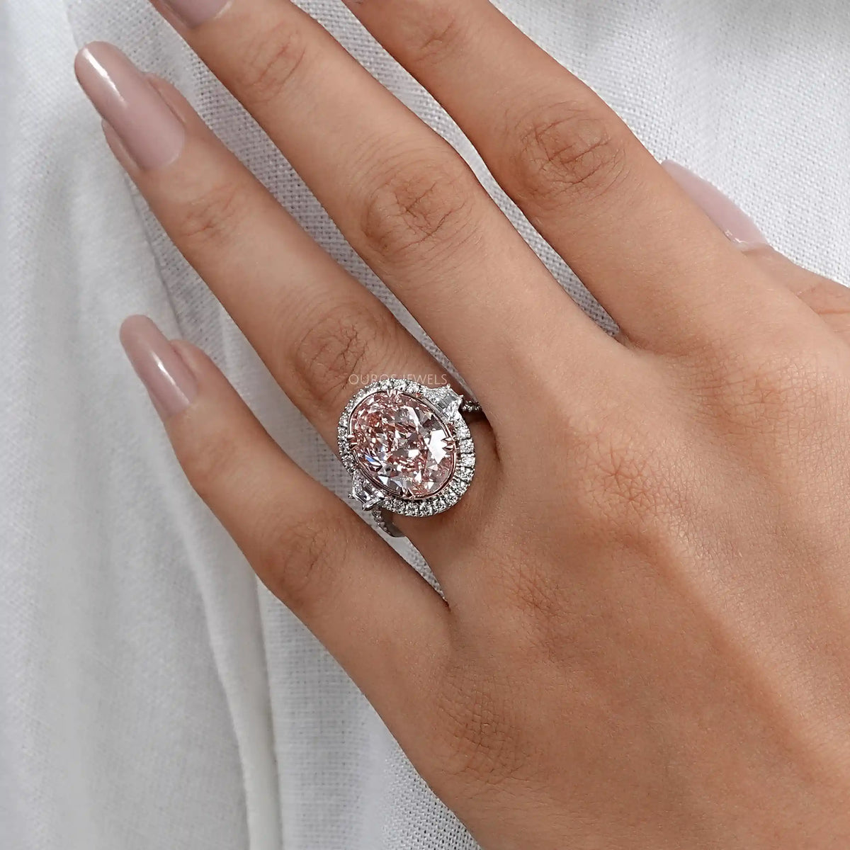 Trapezoid With Pink Oval Accent Halo Diamond Ring Rings