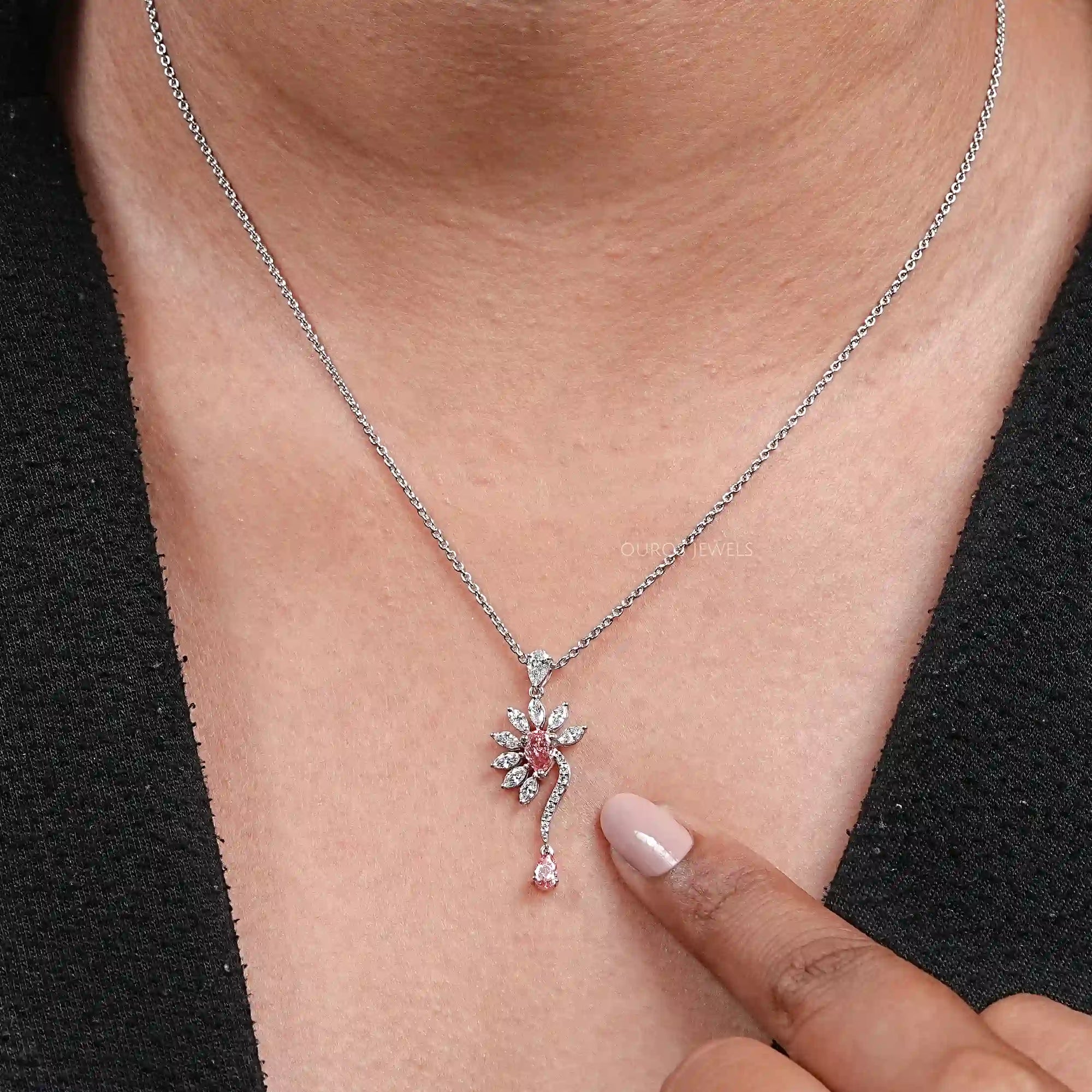 Pink Pear Flower Shape Diamond Pendant Necklaces