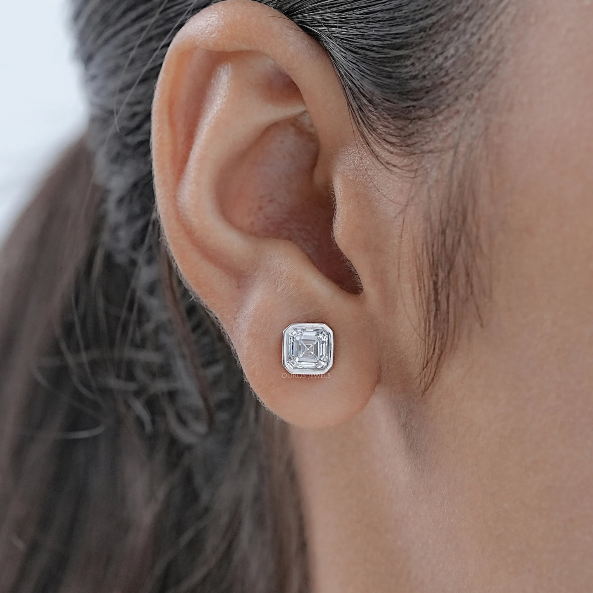 Bezel Set Asscher Lab Diamond Stud Earrings Earrings