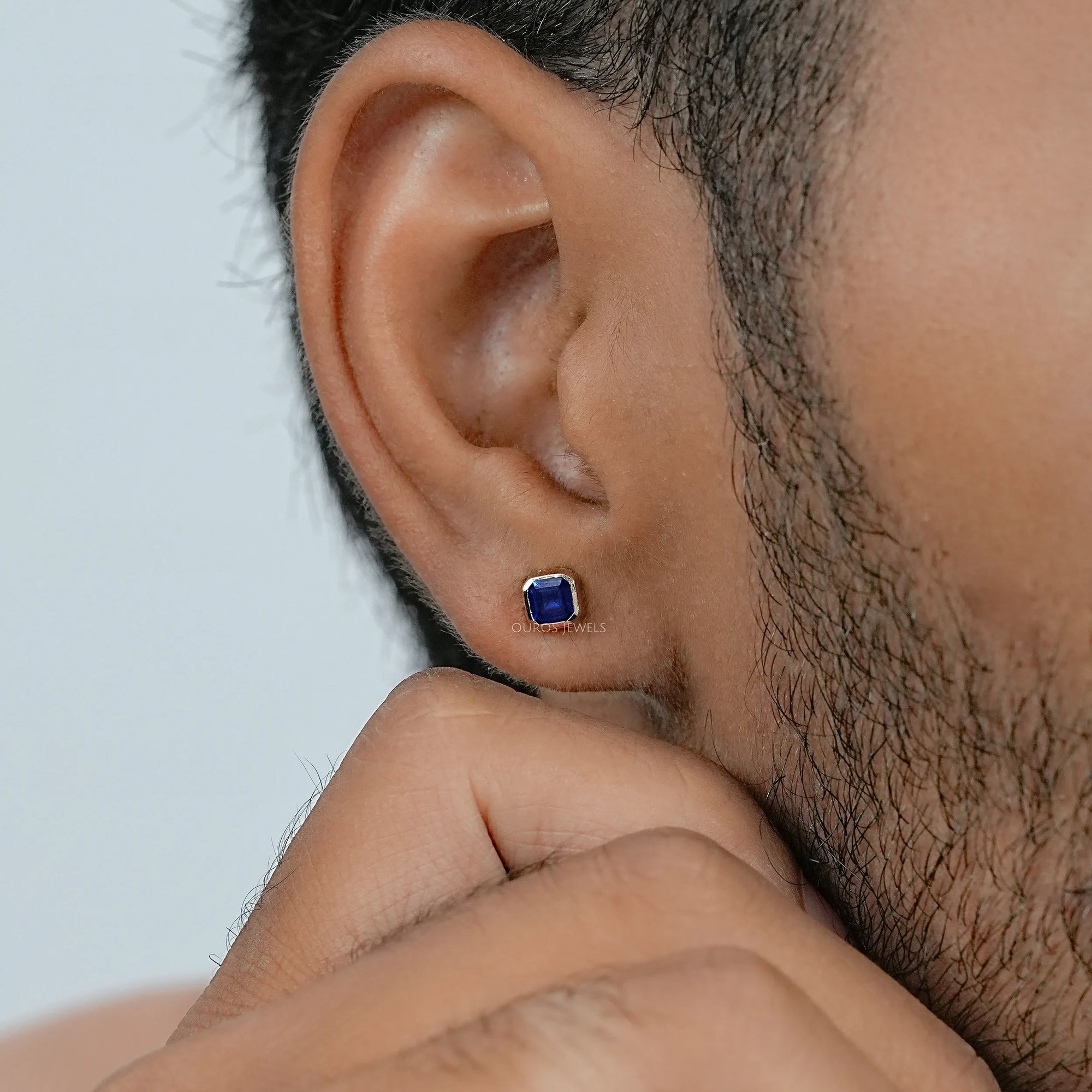 Sapphire Asscher Gemstone Bezel Men's Stud