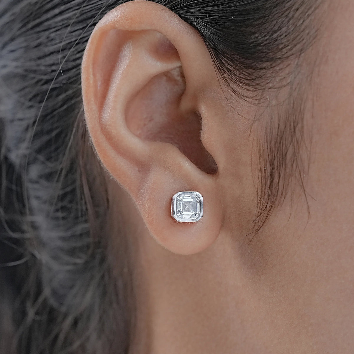 Bezel Set Asscher Lab Diamond Stud Earrings Earrings