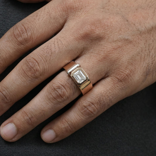East West Emerald Diamond Bezel Set Men's Band Ring