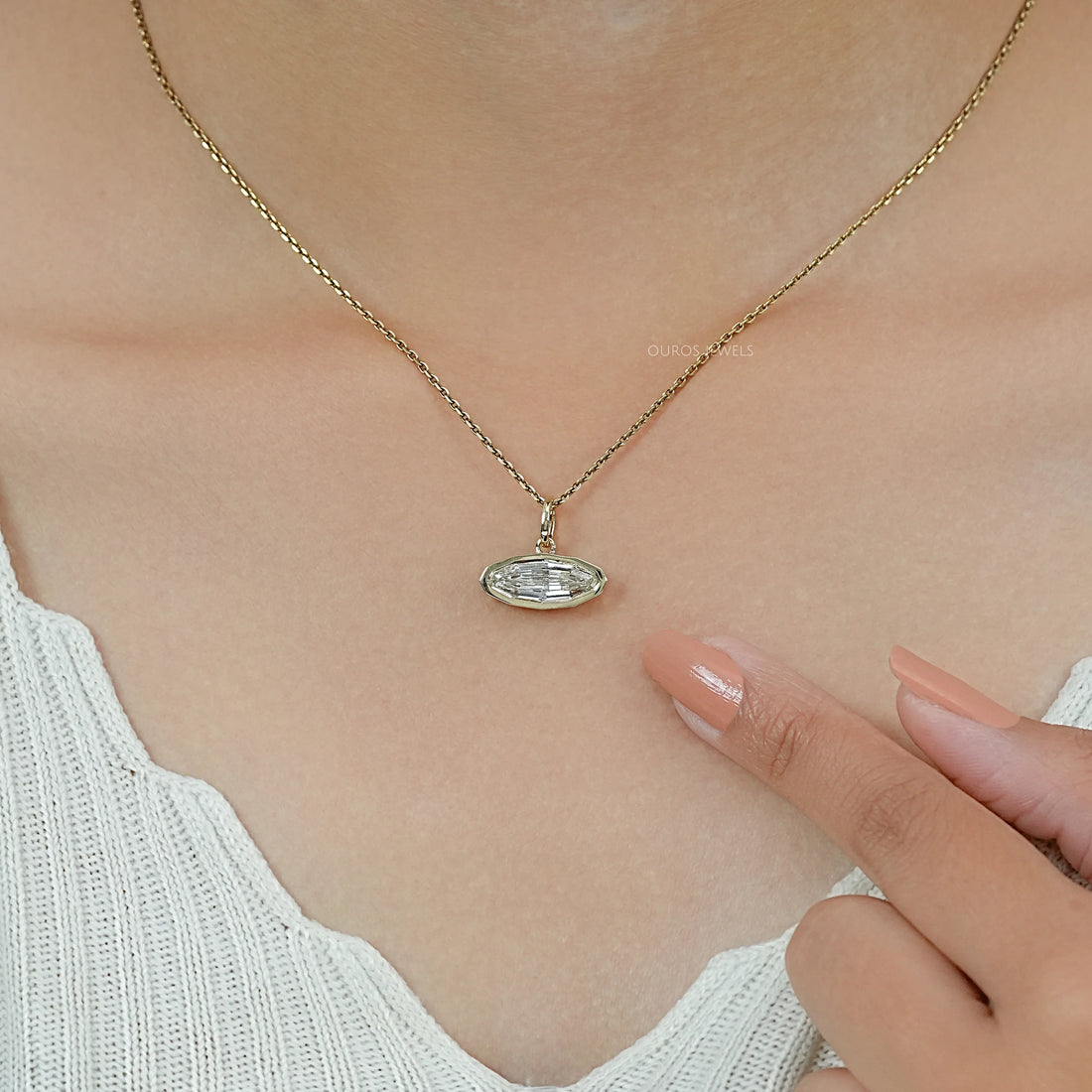 East West Step Cut Moval Bezel Set Pendant Necklaces