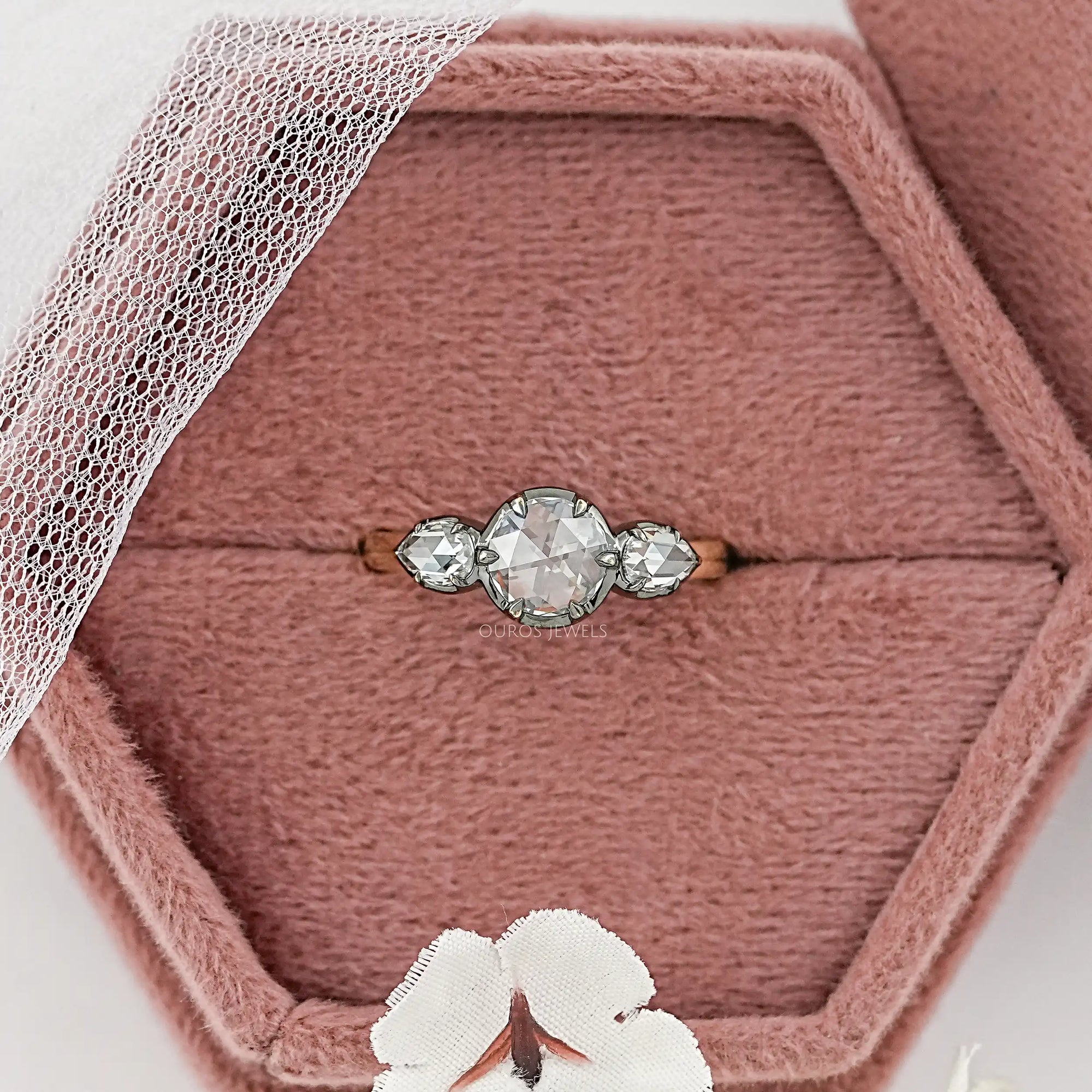 Rose Cut Round And Pear Diamond Engagement Ring Ring